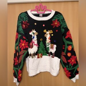 Holiday Time Festive Llama Sweater - Black, White, Red, Green